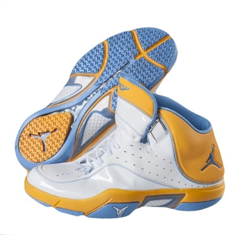 2007/08 Carmelo Anthony Game Worn Yellow, White & Blue Jordan Sneakers (MEARS)